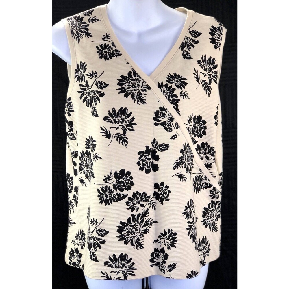 vintage surplice sleeveless Tank top L Tan floral V-Neck Mock wrap Cottage